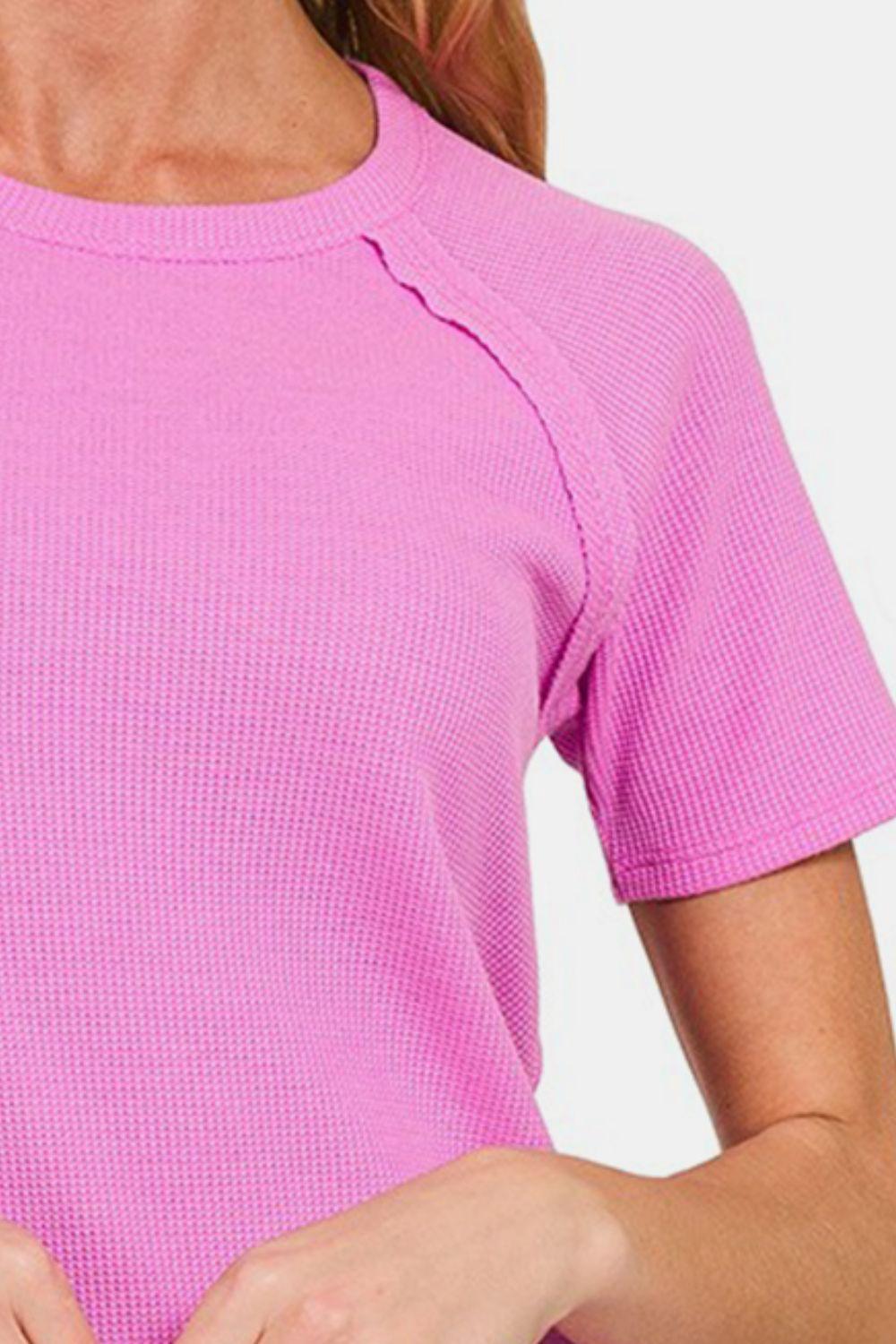 Zenana Round Neck Short Sleeve Waffle T-Shirt Carauana Store