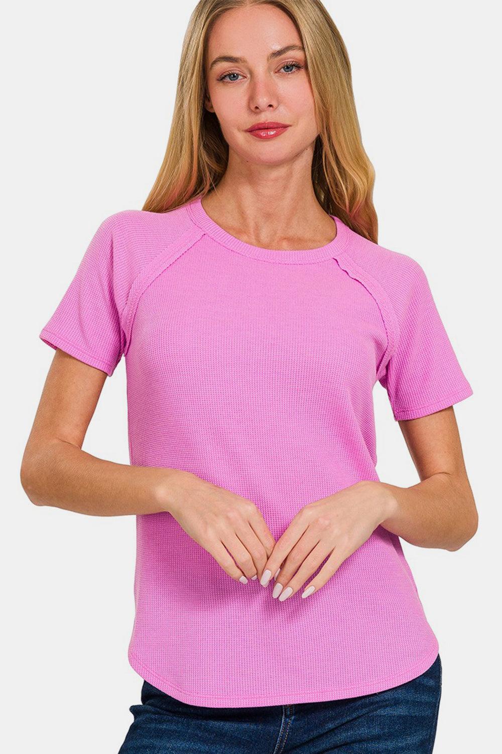 Zenana Round Neck Short Sleeve Waffle T-Shirt Carauana Store