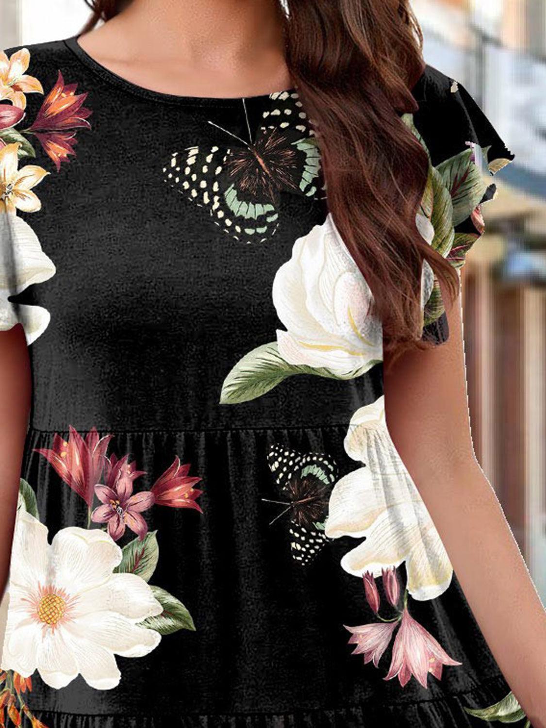 Printed Round Neck Tiered Dress Carauana Store