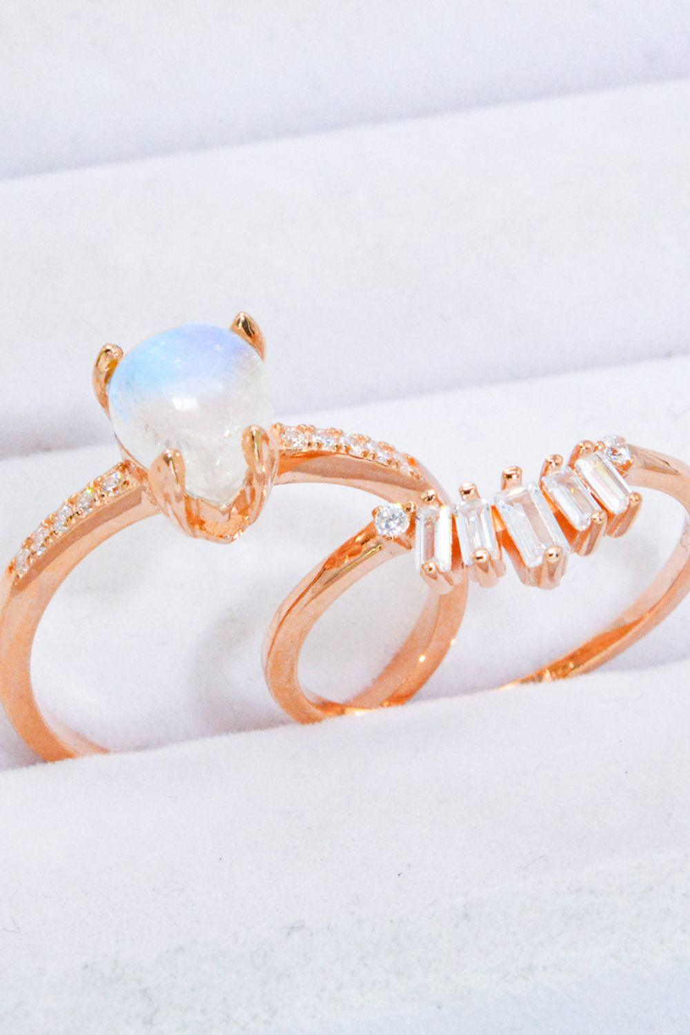 Natural Moonstone and Zircon 18K Rose Gold-Plated Two-Piece Ring Set Carauana Store