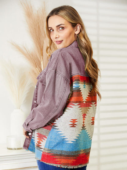 Dropped Shoulder Long Sleeve Printed Denim Jacket Carauana Store
