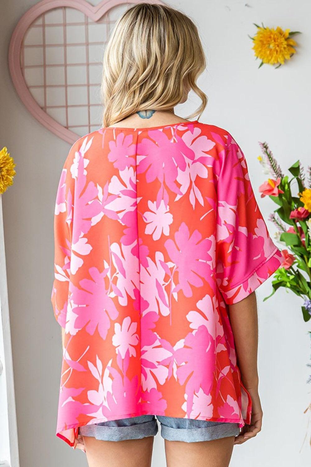 First Love Slit Printed Round Neck Half Sleeve Blouse Carauana Store