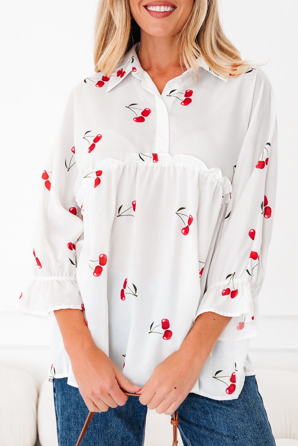 White Cherry Print Flounce Sleeve Collared Frilled Babydoll Blouse