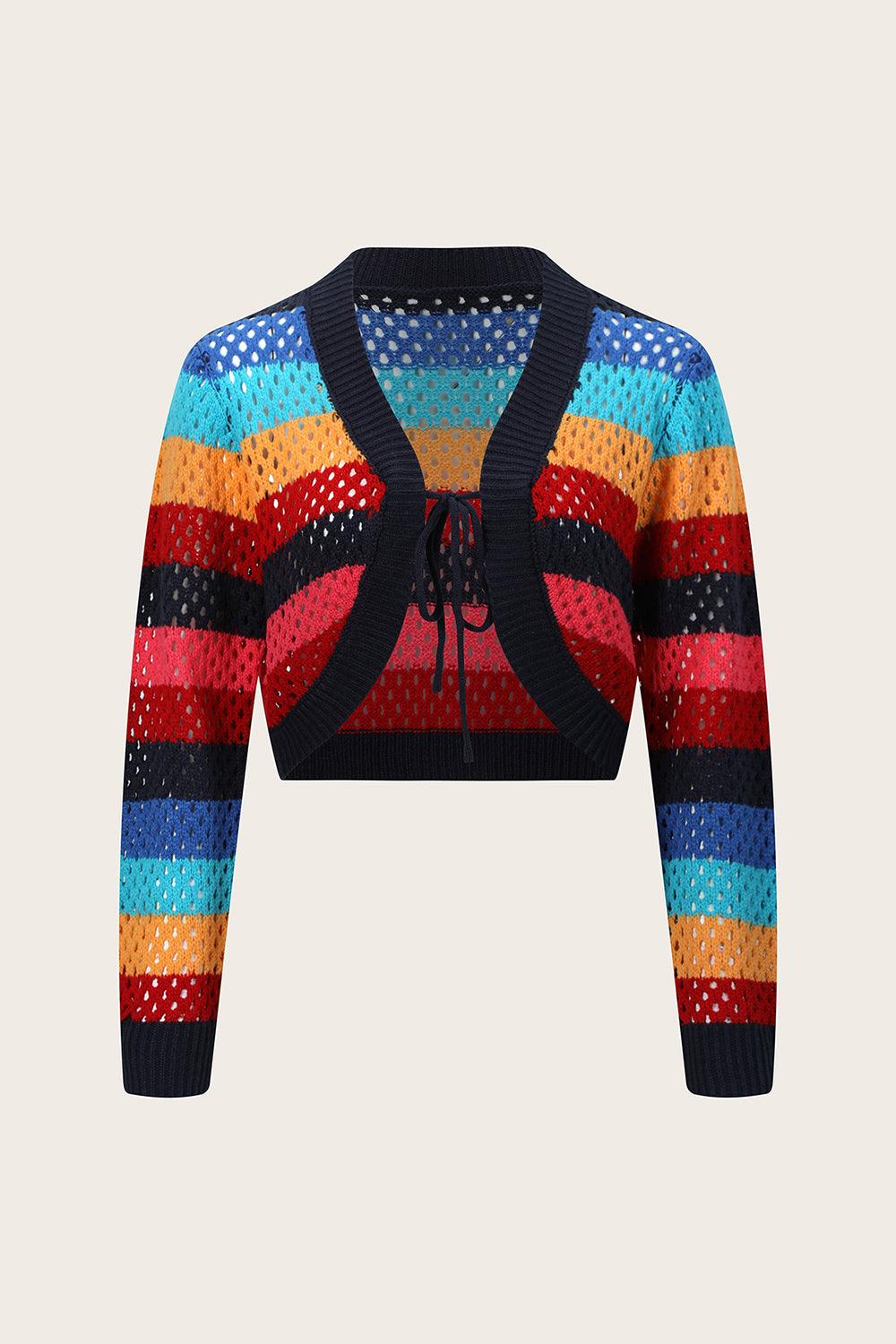 Openwork Color Block Tied Cardigan Carauana Store