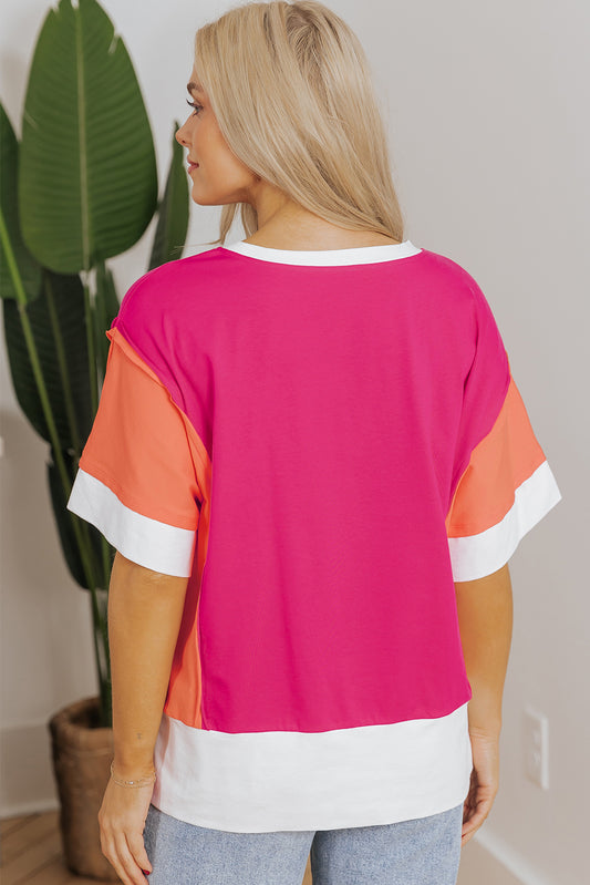 Rose Red Color Block Patchwork Side Slits Loose Fit T Shirt