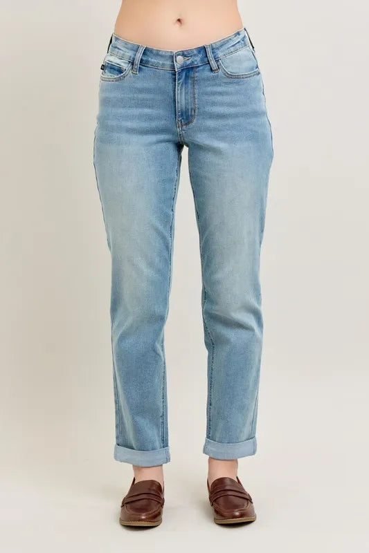 Judy Blue Full Size V-Front Cuff Boyfriend Jeans Plus Size