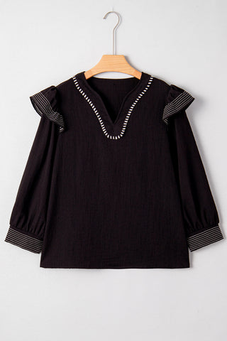 Black Contrast Stitched Detail V Neck Ruffle Long Sleeve Blouse