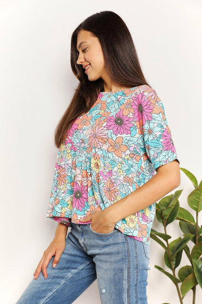 Double Take Floral Round Neck Babydoll Top Carauana Store