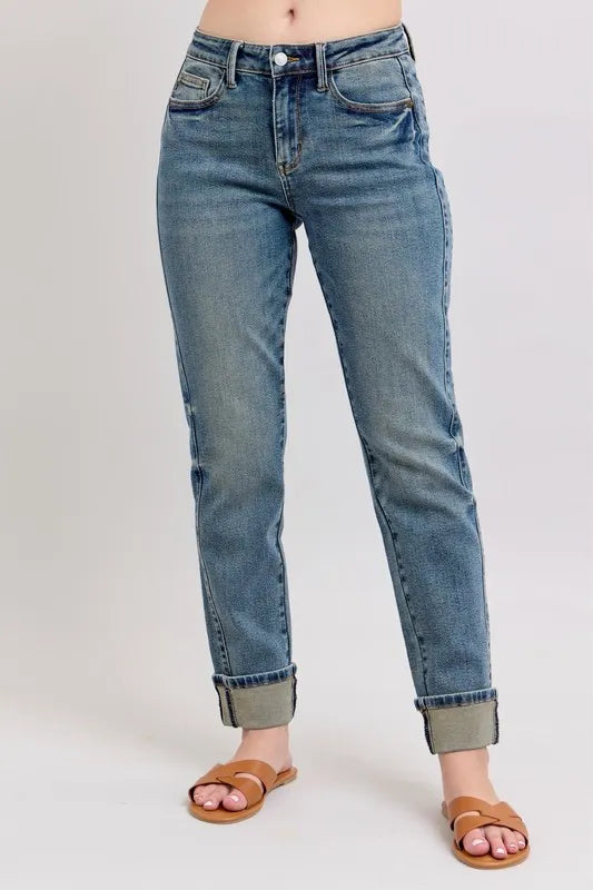Judy Blue Full Size Mid Rise Vintage Wash Double Roll Cuff Boyfriend Jeans Plus Size