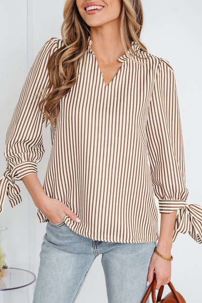Straw Yellow Striped Print Tied Cuffs Split Neck Seersucker Blouse