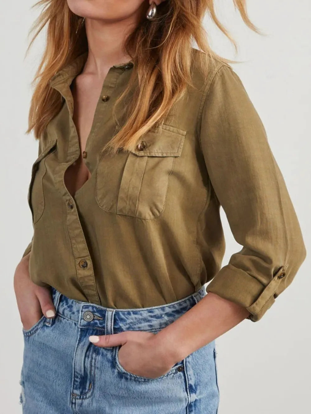 Collared Neck Roll-Tab Sleeve Denim Top Carauana Store