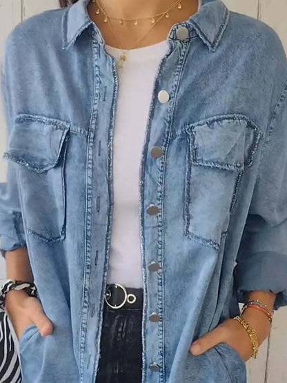 Full Size Raw Hem Button Up Long Sleeve Denim Top Plus Size Carauana Store