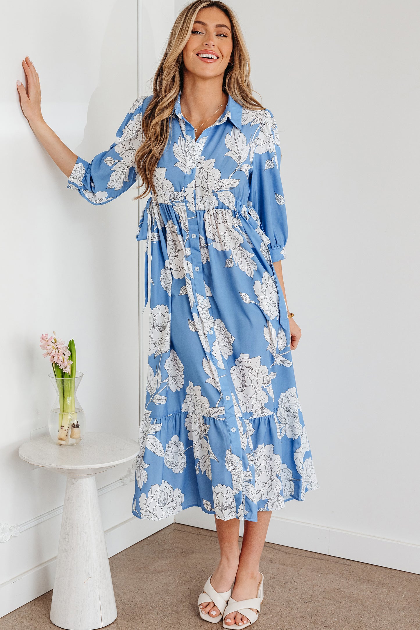 Sky Blue Floral Print Shirt Collar Button Down 3/4 Sleeve Ruffle Hem Long Dress