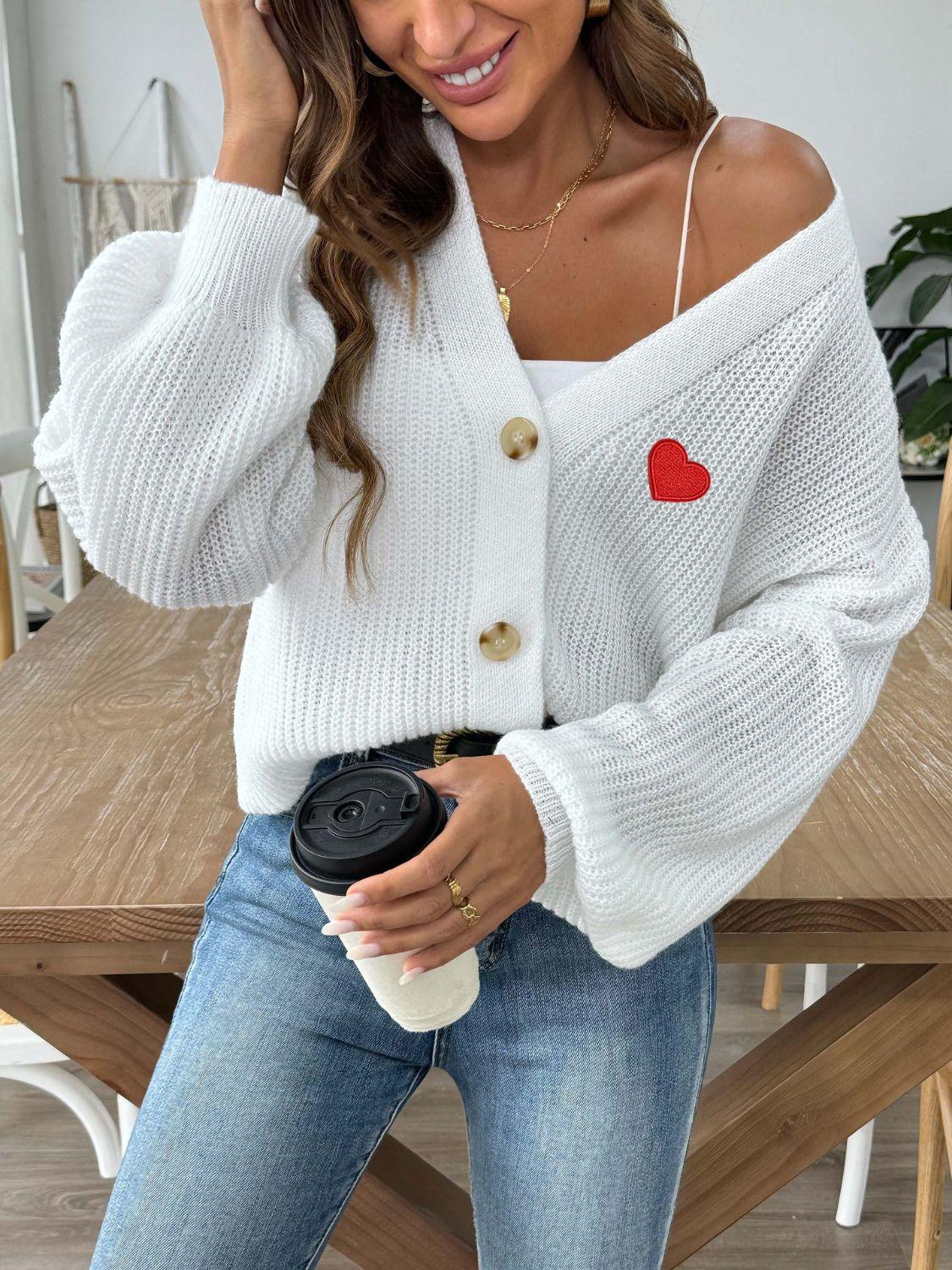 Heart Button Down V-Neck Long Sleeve Cardigan Carauana Store