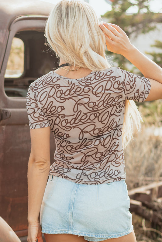 Brown Rodeo Print Round Neck Slim Fit Mesh T Shirt