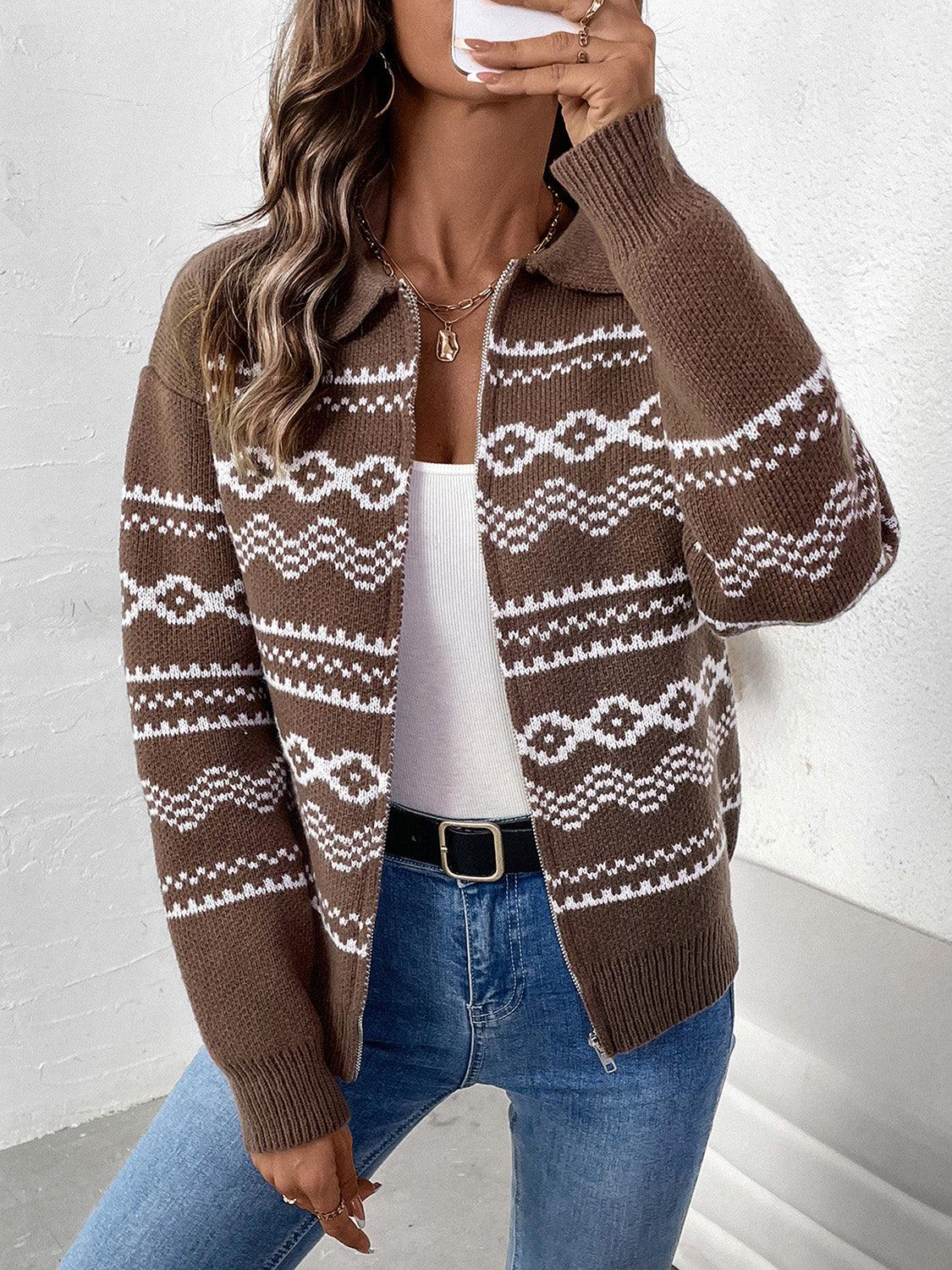 Perfee Geometric Zip Up Collared Neck Long Sleeve Cardigan Carauana Store