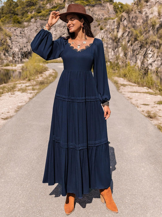 Long Sleeve Lace Trim Maxi Dress Carauana Store