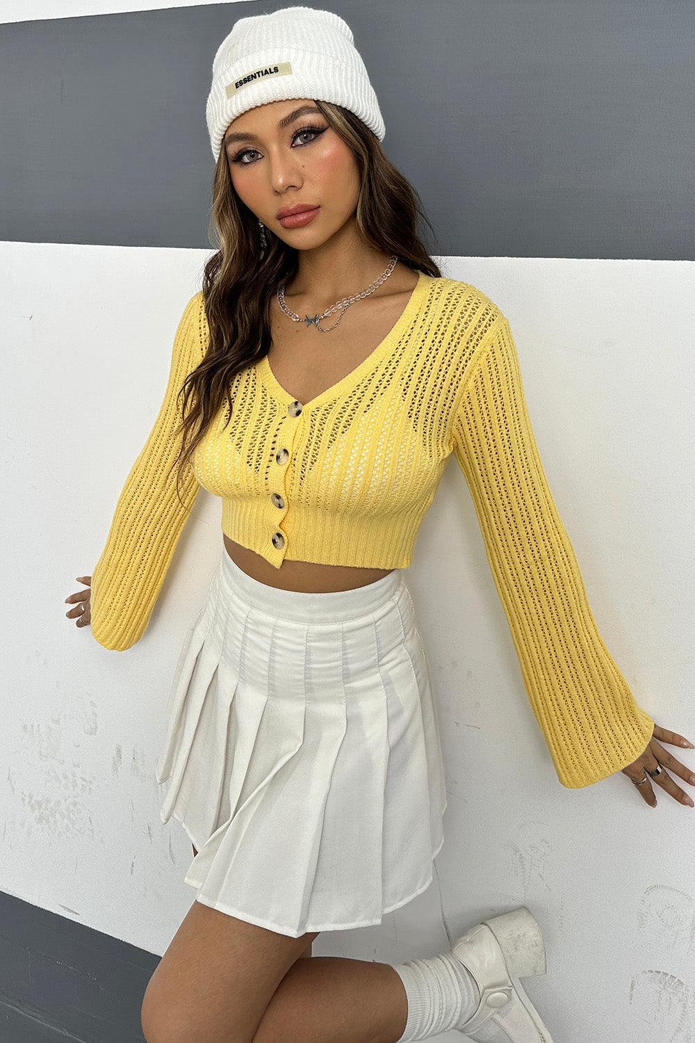 Openwork Button Up Long Sleeve Cropped Cardigan Carauana Store