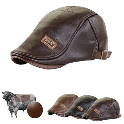 Brown leather beret with a brand logo