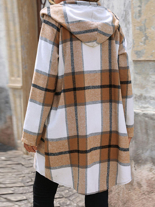 Drawstring Plaid Zip Up Long Sleeve Hooded Outerwear Carauana Store