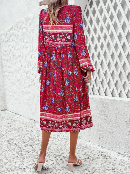 Tassel Tied Printed Long Sleeve Dress Carauana Store