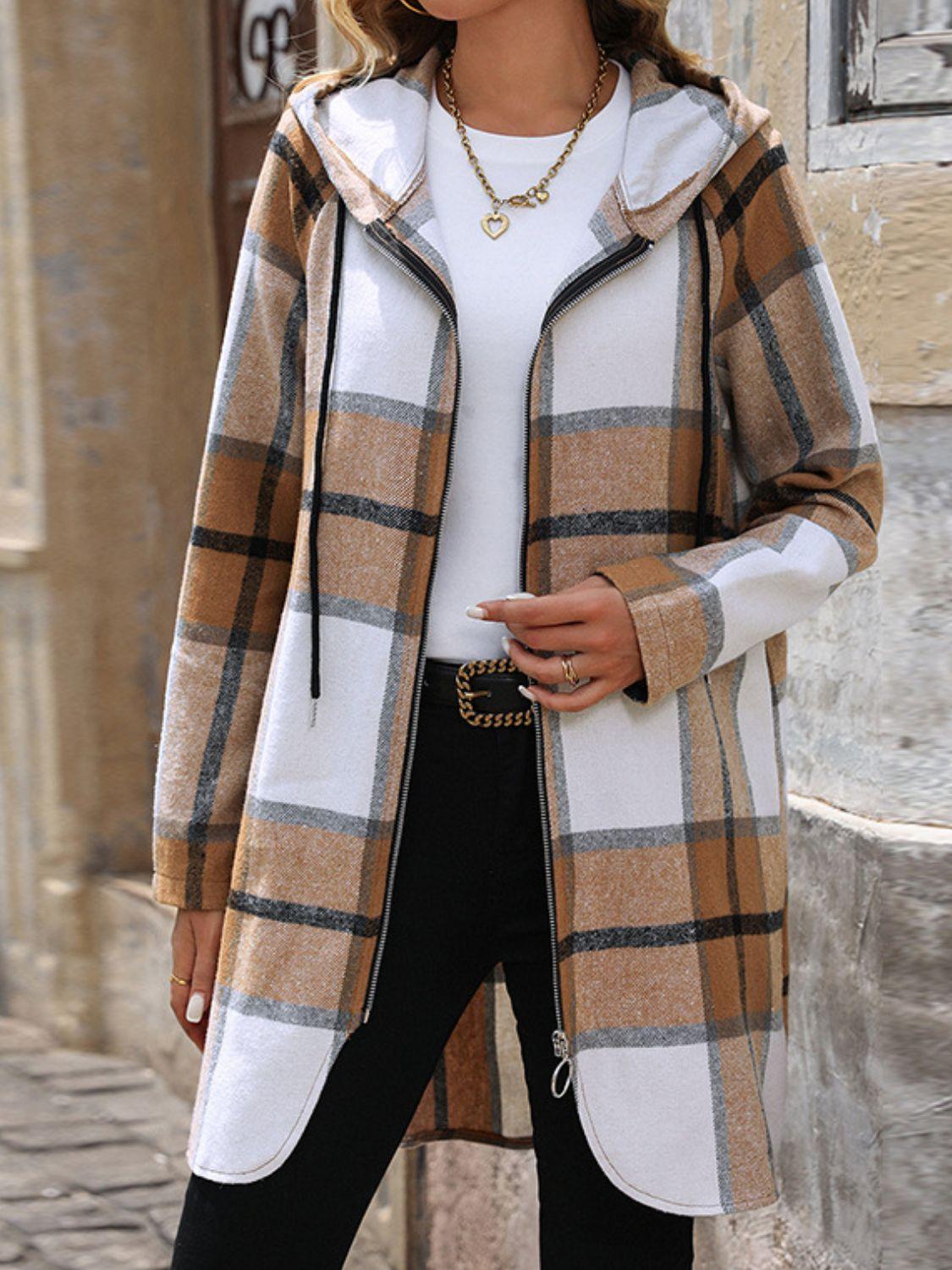 Drawstring Plaid Zip Up Long Sleeve Hooded Outerwear Carauana Store