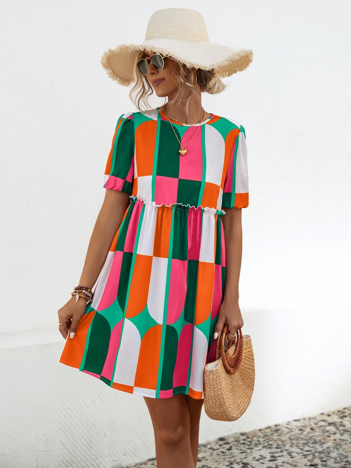 Geometric Frill Round Neck Short Sleeve Dress Carauana Store