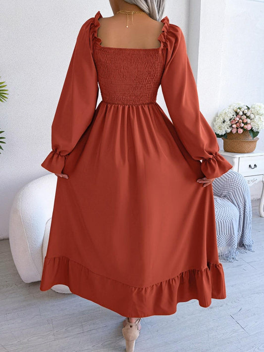 Smocked Square Neck Flounce Sleeve Dress Carauana Store