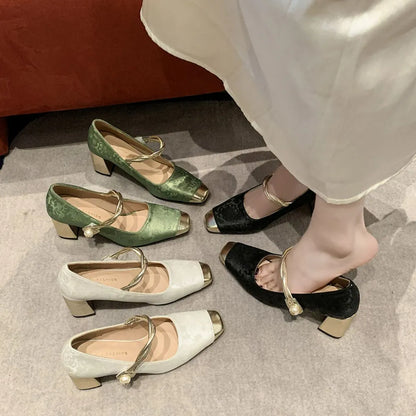 Square Toe Block Heels Pumps