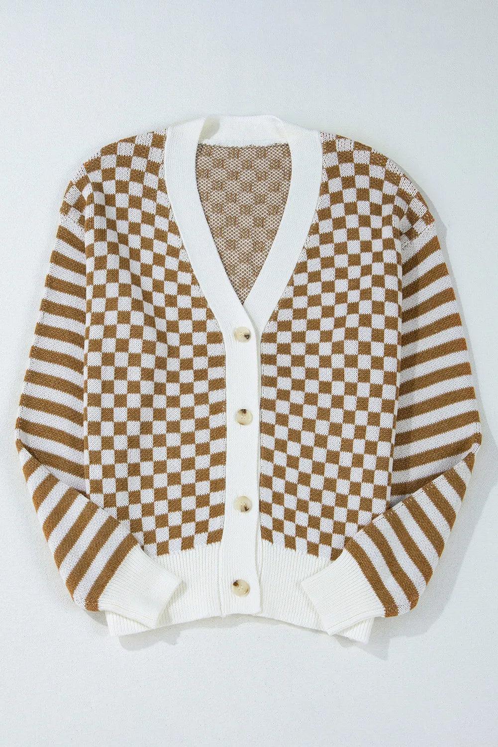 Checkered V-Neck Long Sleeve Cardigan Carauana Store