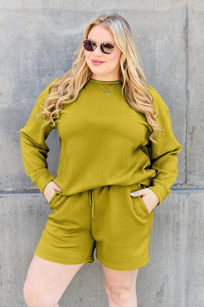 Double Take Full Size Texture Long Sleeve Top and Drawstring Shorts Set Carauana Store