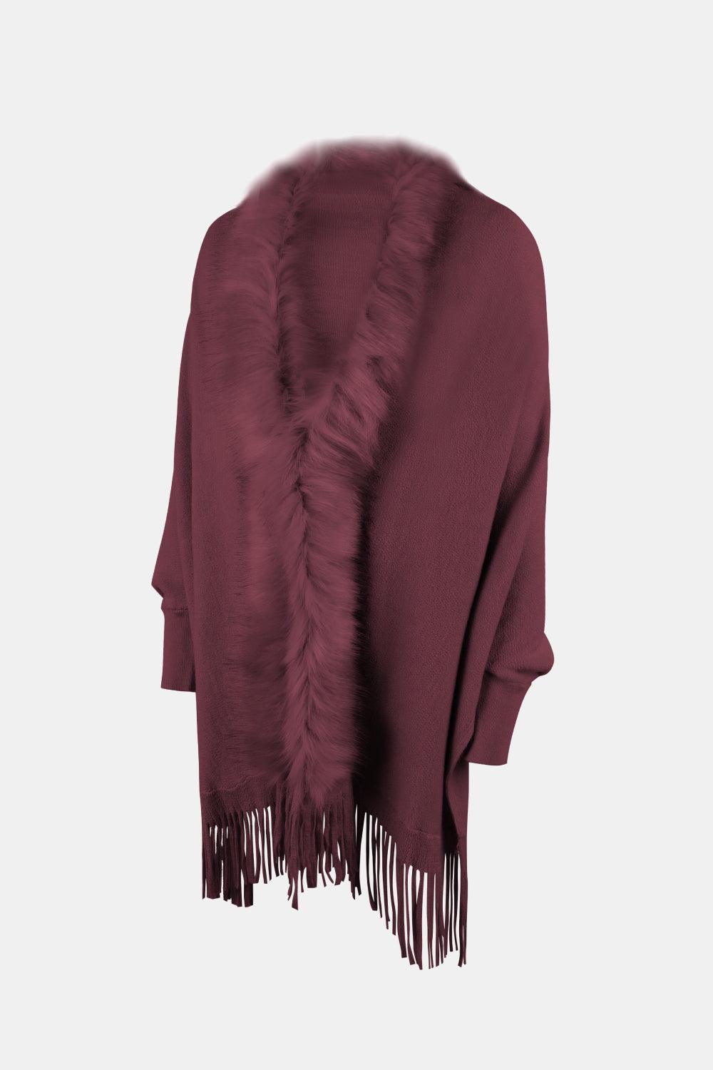 Fringe Open Front Long Sleeve Poncho Carauana Store