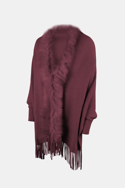 Fringe Open Front Long Sleeve Poncho Carauana Store