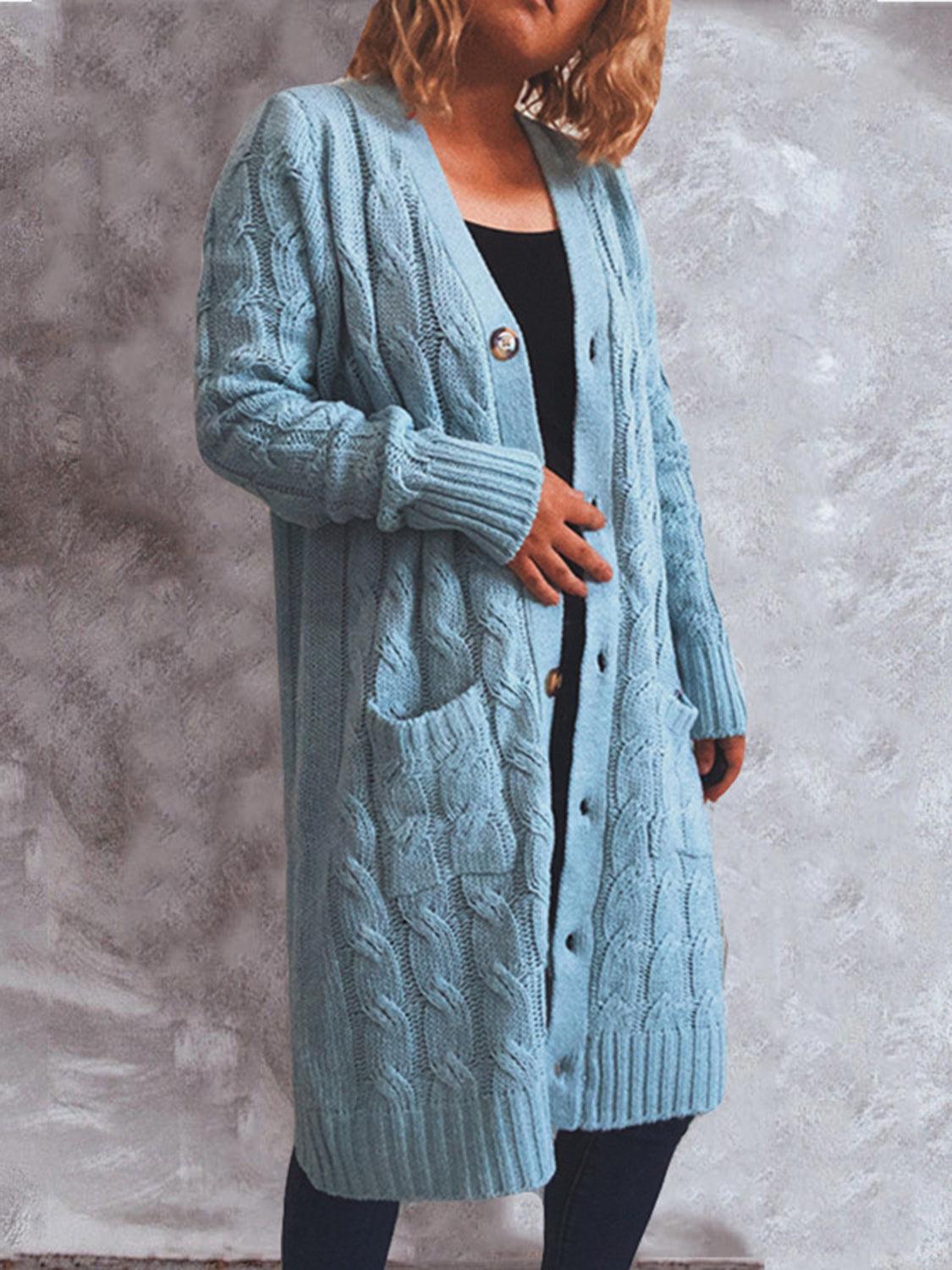 Button Up Cable-Knit Cardigan with Pockets Carauana Store