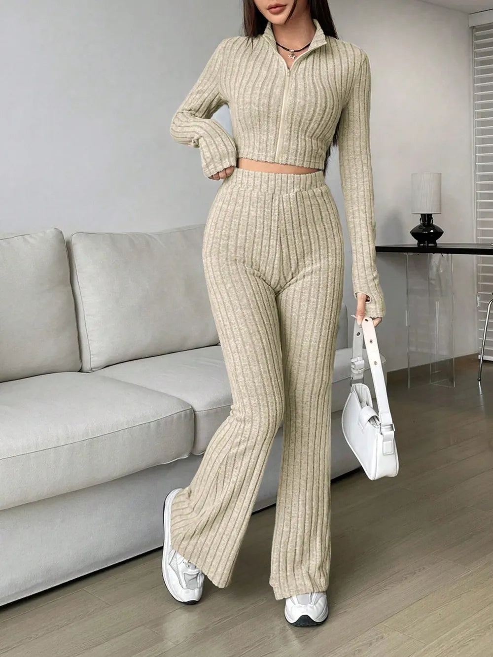 Honey Zip Up Long Sleeve Top and Pants Set Carauana Store