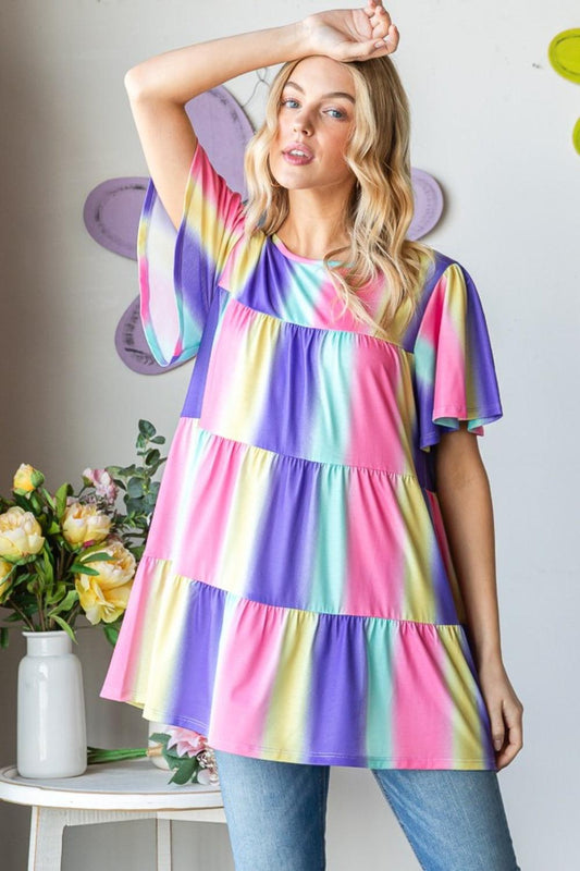 Heimish Full Size Short Sleeve Striped Tiered Top Carauana Store