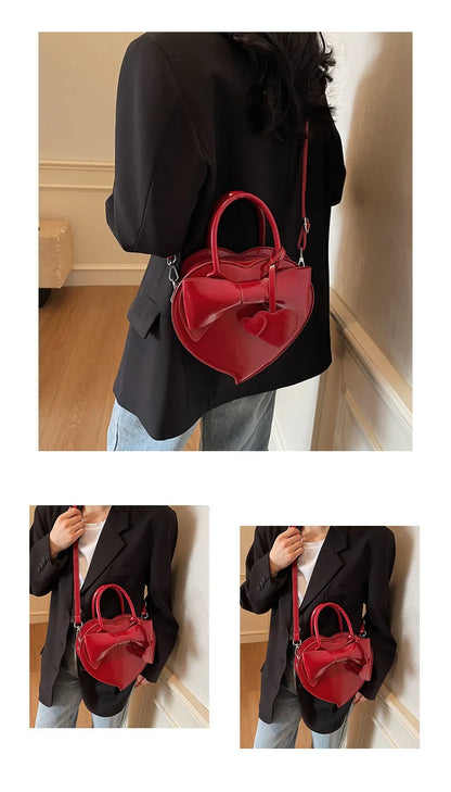carauana-lovely-shoulder-bag-red heartwith a bow detail worn by a person indoors.