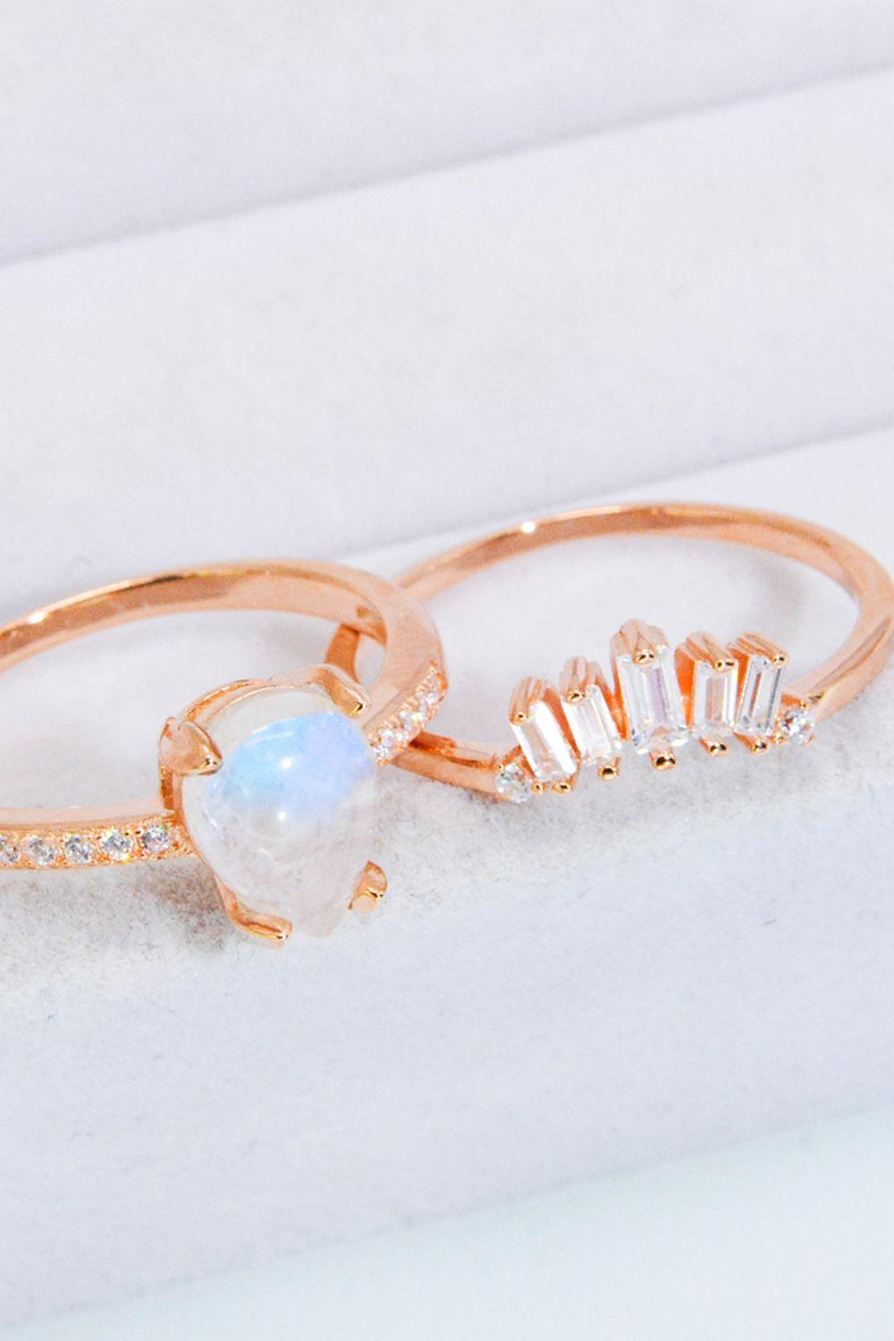 Natural Moonstone and Zircon 18K Rose Gold-Plated Two-Piece Ring Set Carauana Store