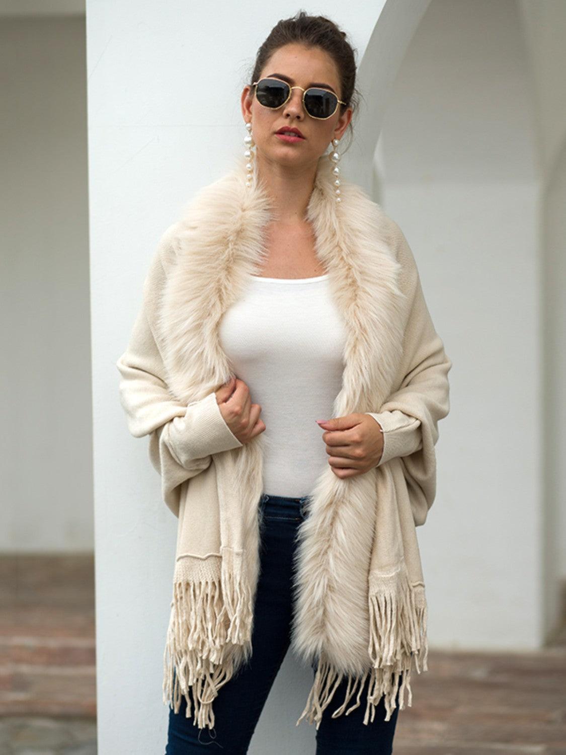 Fringe Open Front Long Sleeve Poncho Carauana Store