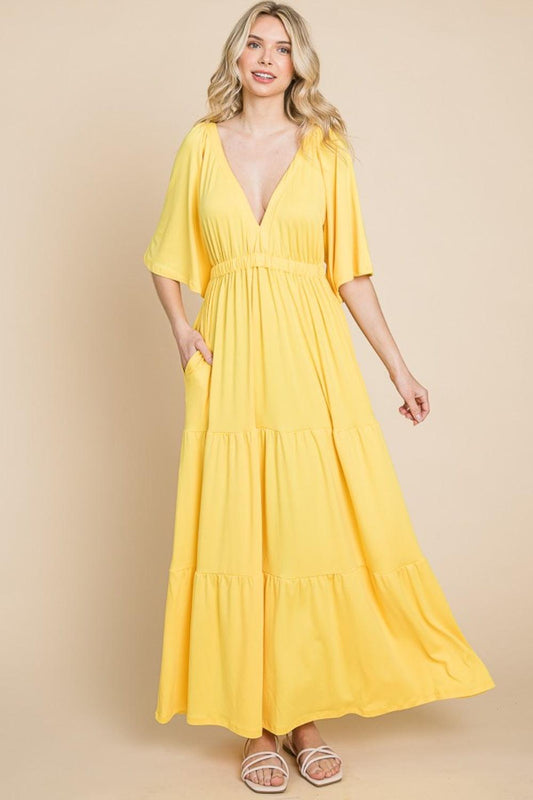 Culture Code Backless Plunge Half Sleeve Tiered Dress Carauana Store