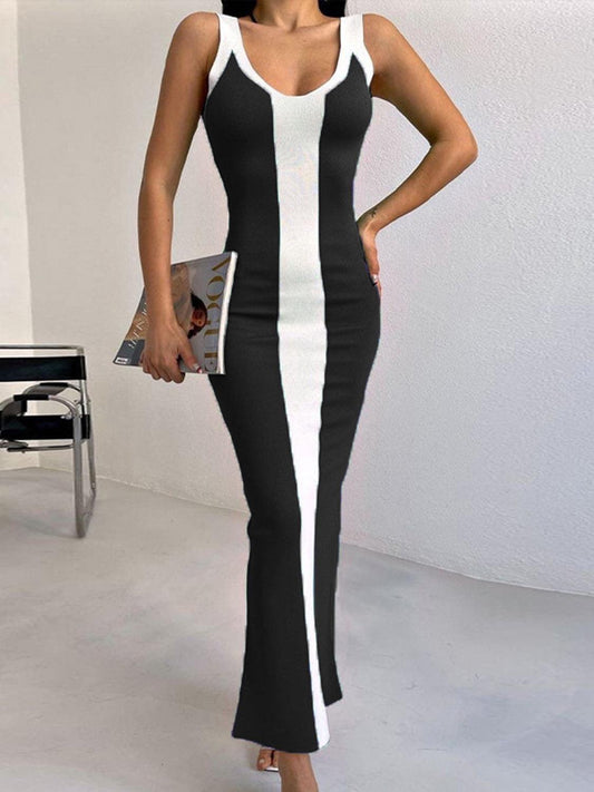 Contrast Wide Strap Slit Midi Dress Carauana Store