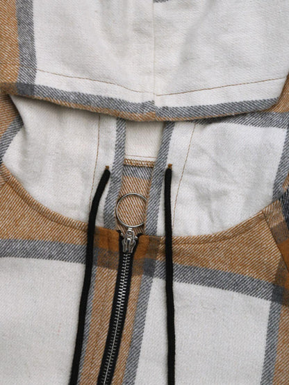 Drawstring Plaid Zip Up Long Sleeve Hooded Outerwear Carauana Store