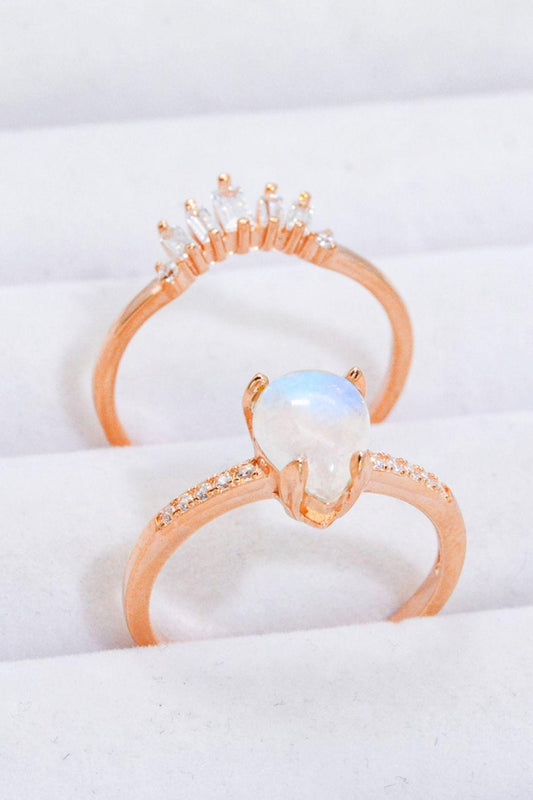 Natural Moonstone and Zircon 18K Rose Gold-Plated Two-Piece Ring Set Carauana Store