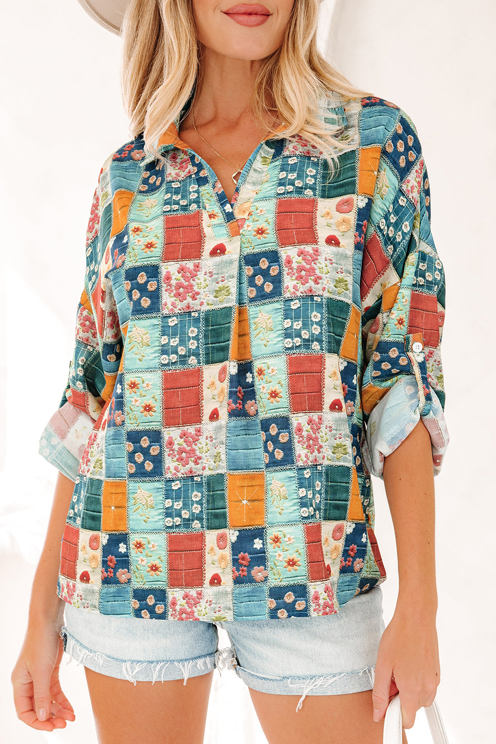 Sky Blue Floral Collared V Neck Roll up Sleeve Shift Blouse