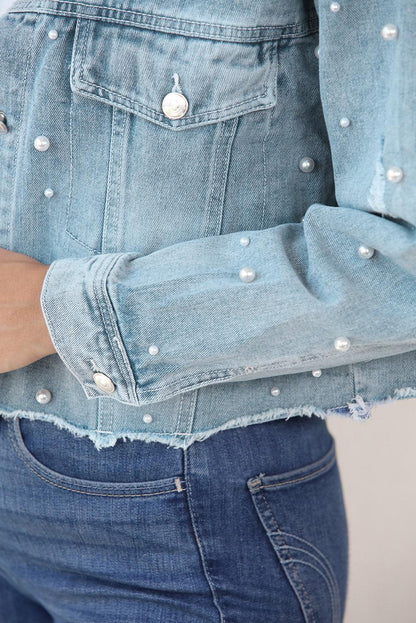 Distressed Pearl Trim Button Up Denim Jacket Carauana Store