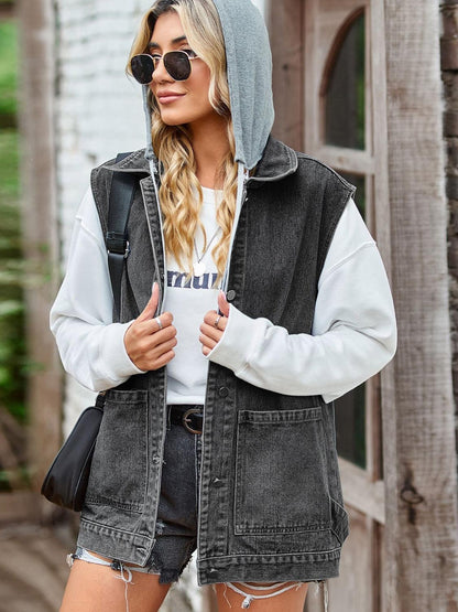 Button Up Sleeveless Denim Jacket with Pockets Carauana Store