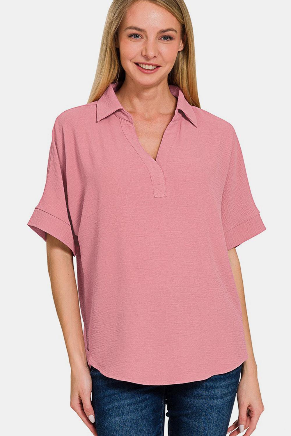 Zenana Texture Collared Neck Short Sleeve Top Carauana Store