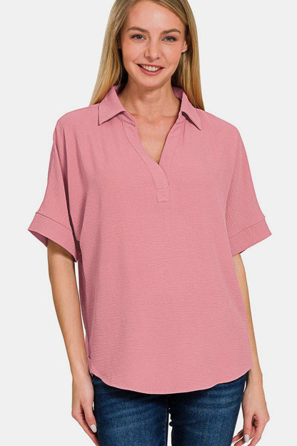Zenana Texture Collared Neck Short Sleeve Top Carauana Store