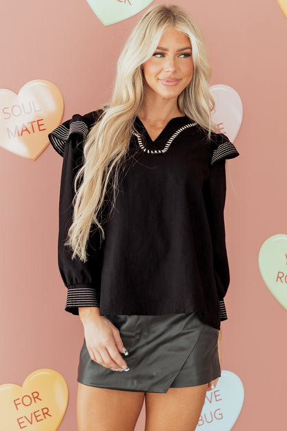 Black Contrast Stitched Detail V Neck Ruffle Long Sleeve Blouse