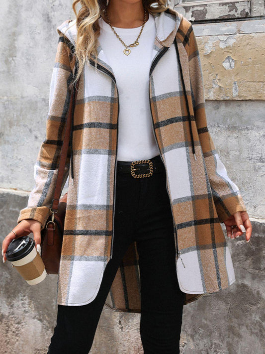 Drawstring Plaid Zip Up Long Sleeve Hooded Outerwear Carauana Store